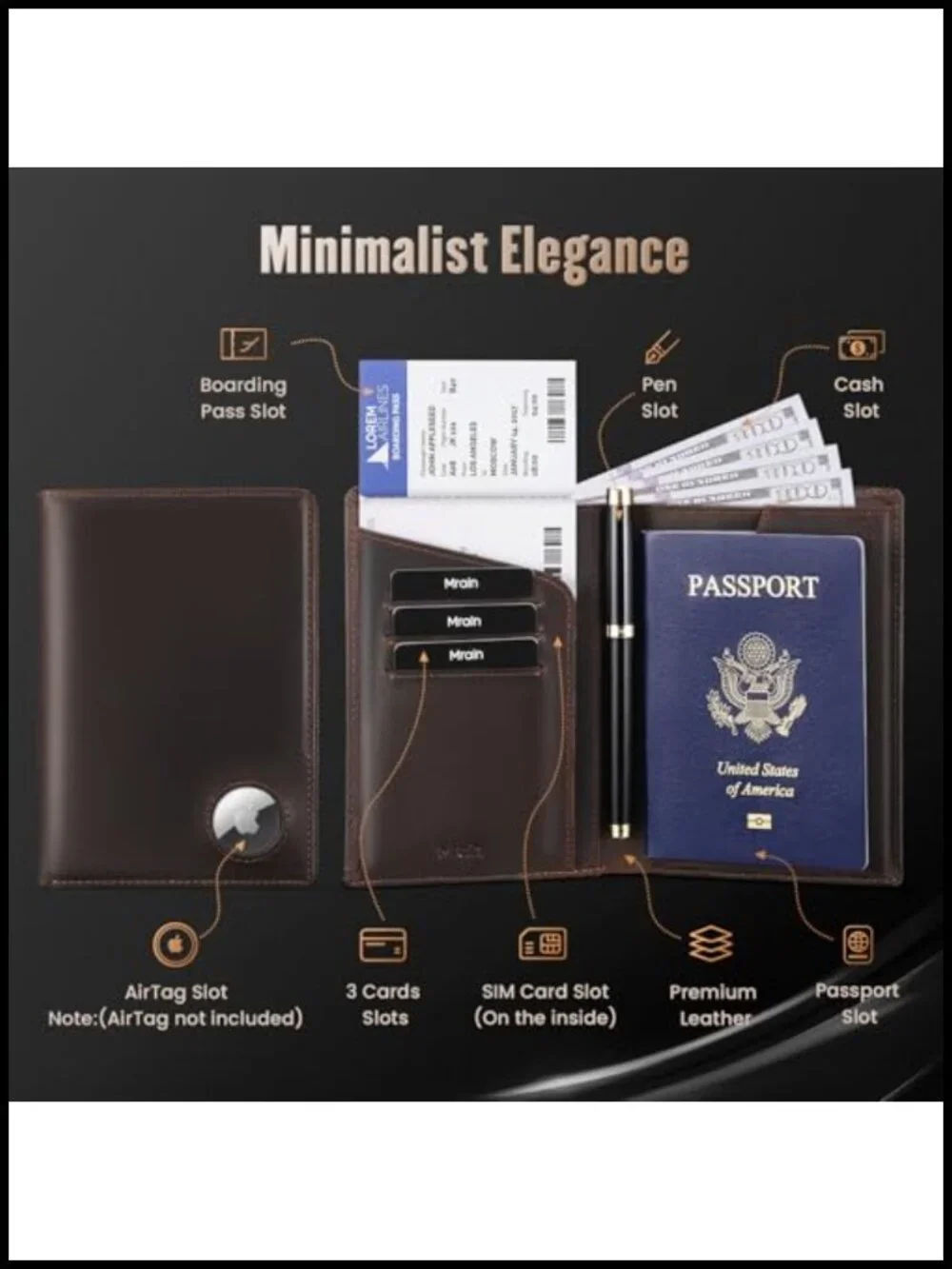 Genuine Leather RFID Blocking Passport Holder Wallet with AirTag Slot
